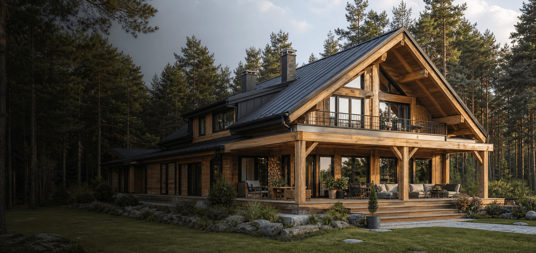 Completed premium timber home among pine trees